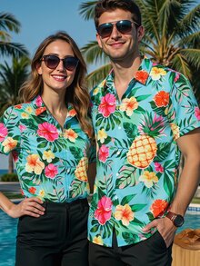 HIMLAND Men's Floral & Pineapple Print Single-Breasted Casual Versatile Daily Wear Short Sleeve Shirt, Vacation, Father's Day Gifts - Multicolor - View 6