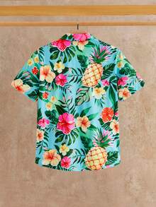 HIMLAND Men's Floral & Pineapple Print Single-Breasted Casual Versatile Daily Wear Short Sleeve Shirt, Vacation, Father's Day Gifts - Multicolor - View 3