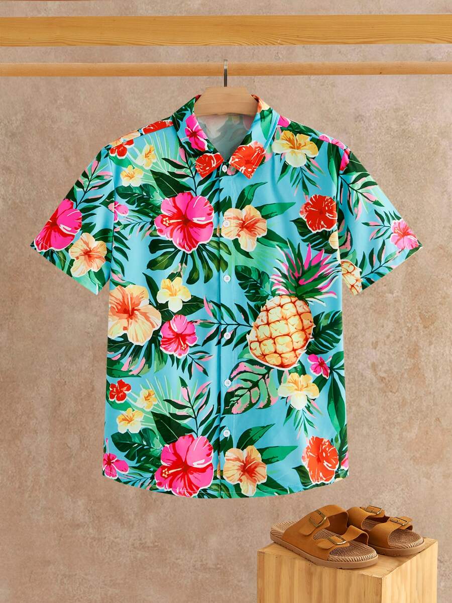 HIMLAND Men's Floral & Pineapple Print Single-Breasted Casual Versatile Daily Wear Short Sleeve Shirt, Vacation, Father's Day Gifts
