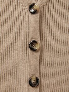 SHEIN Holidaya Autumn Winter Elegant Loungewear Two Pieces Outfit, V Neck Button Front Ruffle Hem Contrast Cuff Knit - Khaki - View 8