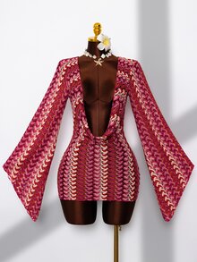 Swim Chiccia 夏季海灘女款不對稱長袖罩衫 深紅色 波希米亞風 性感 - 彩色 - 查看 5
