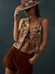 Bohemela Casual Woven Fitted Women's Vest Jacket - Khaki - View 4