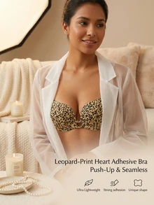 SHEIN Leopard Print Heart Shape Sticky Bra, Invisible Push Up Seamless Self-Adhesive Bra Ultra Lightweight For Women Deep V Backless Dress Summer Party - Beige - View 1