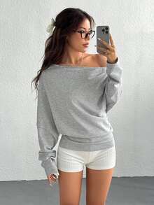 SHEIN EZwear Women Solid Color Pleated Asymmetrical Neck Long Sleeve Pullover Sweatshirt Graduation Back To School Everyday Work Outfits Teacher Autumn Grey Casual - Grey - View 5