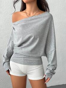 SHEIN EZwear Women Solid Color Pleated Asymmetrical Neck Long Sleeve Pullover Sweatshirt Graduation Back To School Everyday Work Outfits Teacher Autumn Grey Casual - Grey - View 6