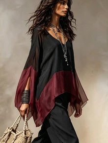 SHEIN New Women's Patchwork Contrast Color Versatile Slimming Blouse Shirt - Burgundy - View 3