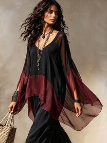 SHEIN New Women's Patchwork Contrast Color Versatile Slimming Blouse Shirt - Burgundy - View 5