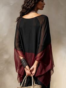 SHEIN New Women's Patchwork Contrast Color Versatile Slimming Blouse Shirt - Burgundy - View 2