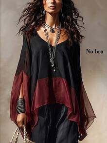 SHEIN New Women's Patchwork Contrast Color Versatile Slimming Blouse Shirt - Burgundy - View 1