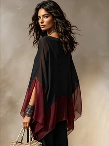 SHEIN New Women's Patchwork Contrast Color Versatile Slimming Blouse Shirt - Burgundy - View 4