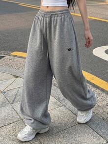 DAZY 女款寬鬆曲腿印花休閒運動街頭風運動長褲，春秋款 - 灰色 - 查看 6