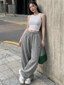 DAZY 女款寬鬆曲腿印花休閒運動街頭風運動長褲，春秋款 - 灰色 - 查看 2