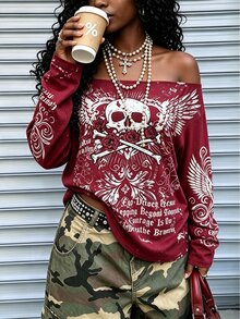 Rovax 女款酒紅色秋季哥德風萬聖節街頭露肩骷髏圖案長袖T恤 春秋Y2K哥德街頭風日常休閒寬鬆上衣 - 彩色 - 查看 3