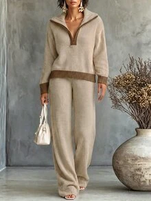 SHEIN Setelan Sweater Rajut Dua Potong Sporty Khaki Fashion untuk Wanita, Dapat Dipakai di Rumah & Luar Ruangan - Khaki - View 3