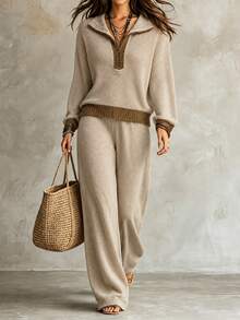 SHEIN Setelan Sweater Rajut Dua Potong Sporty Khaki Fashion untuk Wanita, Dapat Dipakai di Rumah & Luar Ruangan - Khaki - View 4