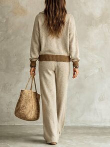 SHEIN Setelan Sweater Rajut Dua Potong Sporty Khaki Fashion untuk Wanita, Dapat Dipakai di Rumah & Luar Ruangan - Khaki - View 2
