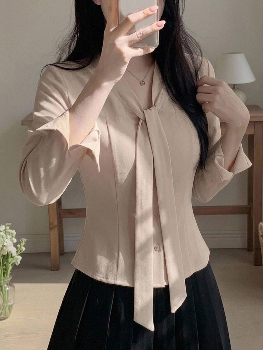 DAZY 女款純色領口長袖單排扣優雅襯衫 秋季 - 棕色 - 查看 1