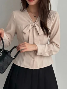 DAZY 女款純色領口長袖單排扣優雅襯衫 秋季 - 棕色 - 查看 6