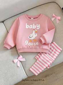 SHEIN Baby Girl Cartoon & Slogan Graphic Sweatshirt & Striped Pants - Multicolor - View 6