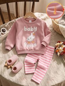 SHEIN Baby Girl Cartoon & Slogan Graphic Sweatshirt & Striped Pants - Multicolor - View 1