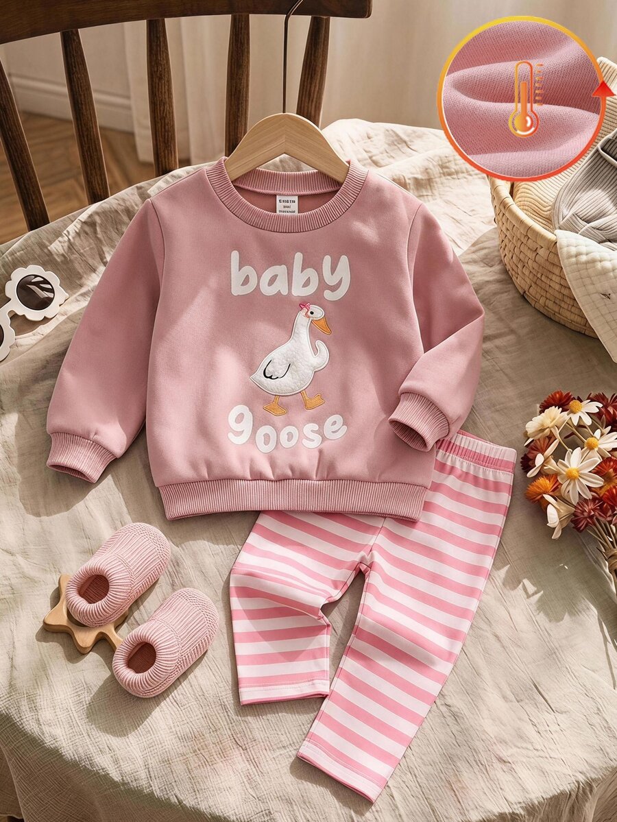 SHEIN Baby Girl Cartoon & Slogan Graphic Sweatshirt & Striped Pants - Multicolor - View 1