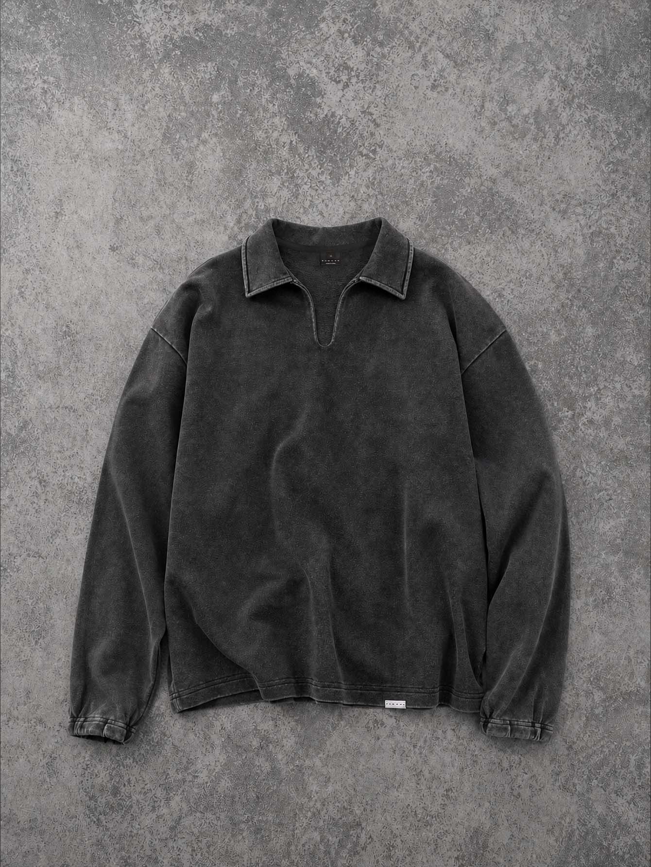 Sudadera Oversize Lavada con Cuello de Rugby, Manga Larga, Hombros Caídos, Lavado Vintage, Top Pullover Casual para Capas en Otoño e Invierno