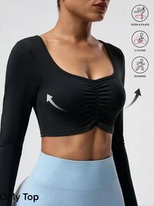 StreetHx Women's Solid Color Long Sleeve Ruched Cropped Sports T-Shirt - Black - View 2