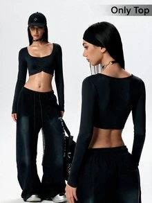 StreetHx Women's Solid Color Long Sleeve Ruched Cropped Sports T-Shirt - Black - View 3