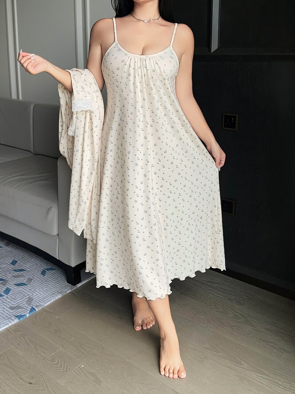 Dazy Plus Ditsy Floral Spaghetti Strap Nightgown Loose Long Cardigan Pajama Set Spring Summer Autumn