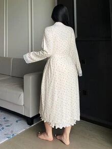 Dazy Plus Ditsy Floral Spaghetti Strap Nightgown Loose Long Cardigan Pajama Set Spring Summer Autumn - White - View 4