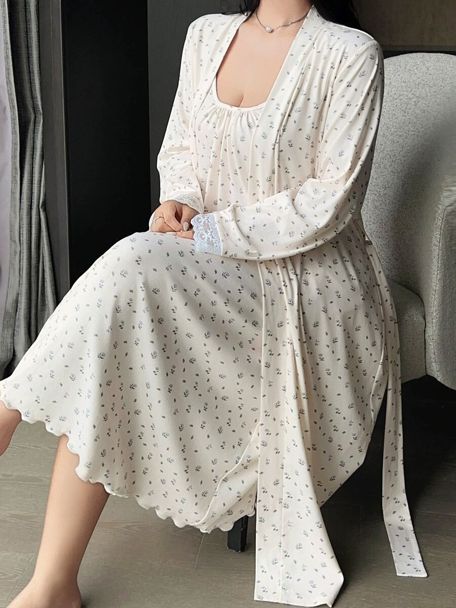 Dazy Plus Ditsy Floral Spaghetti Strap Nightgown Loose Long Cardigan Pajama Set Spring Summer Autumn - White - View 1