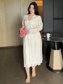 Dazy Plus Ditsy Floral Spaghetti Strap Nightgown Loose Long Cardigan Pajama Set Spring Summer Autumn - White - View 2