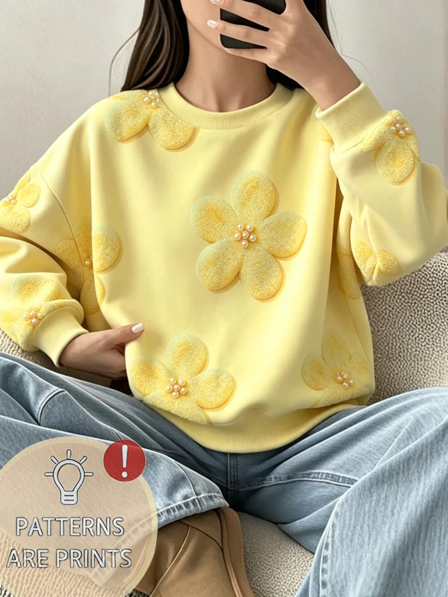 SHEIN Sparklyn 青少年女孩抓絨內裡連帽衛衣,保暖針織寬鬆花卉款,秋冬穿搭,可愛返校 Y2K 上衣 - 彩色 - 查看 1