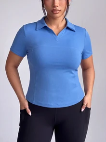 SHEIN Velisys 女款高爾夫球衫 / Polo衫 夏季V領運動網球背心 - 藍色 - 查看 3