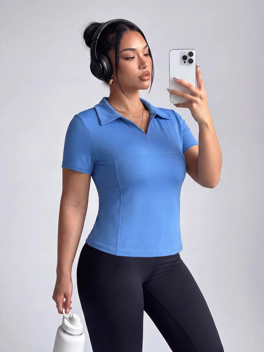 SHEIN Velisys 女款高爾夫球衫 / Polo衫 夏季V領運動網球背心 - 藍色 - 查看 1