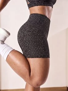 SHEIN Sports Women's Leopard Print Casual Slim Fit Pocket Sports Shorts - Multicolor - View 6
