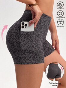 SHEIN Sports Women's Leopard Print Casual Slim Fit Pocket Sports Shorts - Multicolor - View 2