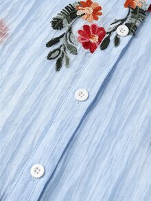 GlowEve Casual Floral Embroidered Chiffon Dolman Sleeve Shirt And Shorts Set For Women - Blue - View 5