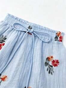 GlowEve Casual Floral Embroidered Chiffon Dolman Sleeve Shirt And Shorts Set For Women - Blue - View 7