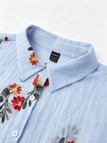 GlowEve Casual Floral Embroidered Chiffon Dolman Sleeve Shirt And Shorts Set For Women - Blue - View 3