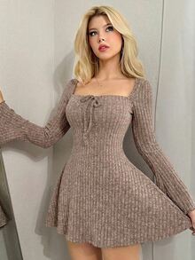 Sweetina Y2k Solid Color Square Neck Flare Sleeve Mini Y2K Fall Women Long Sleeve Going Out Dress, Spring Autumn ,Dresses For Women Elegant - Khaki - View 2