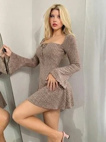 Sweetina Y2k Solid Color Square Neck Flare Sleeve Mini Y2K Fall Women Long Sleeve Going Out Dress, Spring Autumn ,Dresses For Women Elegant - Khaki - View 5
