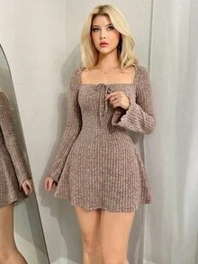 Sweetina Y2k Solid Color Square Neck Flare Sleeve Mini Y2K Fall Women Long Sleeve Going Out Dress, Spring Autumn ,Dresses For Women Elegant - Khaki - View 7