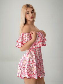 SHEIN ICON Printed Oversized Ruffle Off Shoulder Mini Dress,Bohemian Clothes - Red and White - View 5