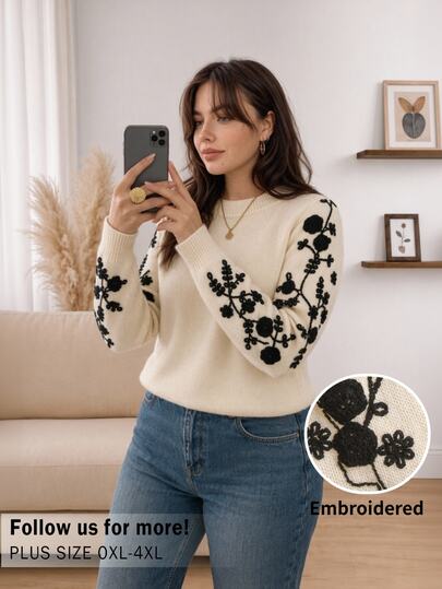 CosyJoli Plus Size Elegant 1920s Curve French Style High-End Black White Floral Sleeve 3D Knit Pullover Sweater Top For Women Autumn Morning Evening Formal