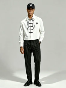 Manfinity Dauomo Men's Chinese Style Fashion Frog Button Long Sleeve Top - White - View 5