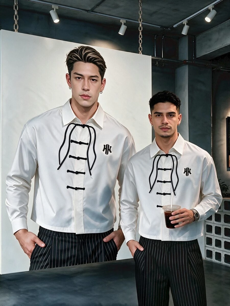 Manfinity Dauomo Men's Chinese Style Fashion Frog Button Long Sleeve Top - White - View 1