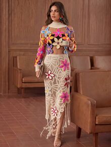 Anewsta Women's Hollow Out Floral Pattern Crew Neck Sweater, Spring Autumn,Long Sleeve Tops - Apricot - View 6