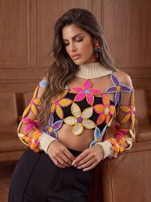 Anewsta Women's Hollow Out Floral Pattern Crew Neck Sweater, Spring Autumn,Long Sleeve Tops - Apricot - View 1