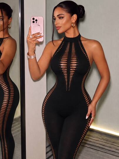 BamGleam Sexig minimalistisk tight jumpsuit för kvinnor med utskurna detaljer, rygglös, enfärgad, ärmlös, hög elasticitet, svart, för Halloween, klubb, utekväll och sommar